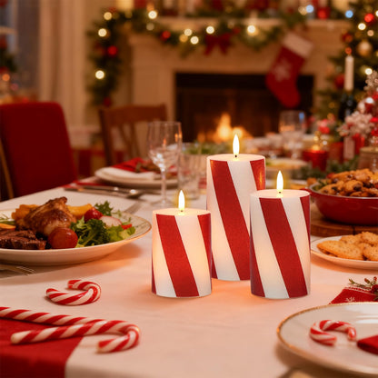 Wondise Christmas Red Stripes Glitter Flickering Flameless Candles with Remote Timer, Battery Operated Pillar Candles Real Wax LED Candles for Home Christmas Decoration Gift(D3 x H4 x5 x6)