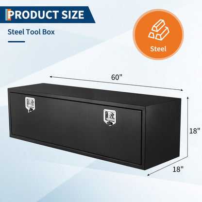Black Steel Underbody Truck Box,60"×18"×18" Pickup Storage Box, Heavy Duty Diamond Plate Tool Box with Lock and Keys, Waterproof Trailer Storage Box with T-Handle Latch for Truck, Van, Trailer