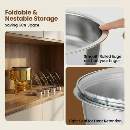 Gold Chafing Dishes for Buffet Set of 4 Pack, 6QT Round Buffet Servers and Warmers Set with 4 Spoons, 4 Slotted Spoons, 4 Tongs, 2 Gloves, Chafers and Buffet Warmers Sets for Wedding, Birthday, Party