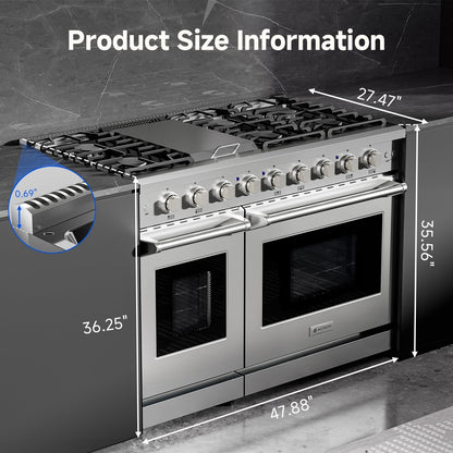 AAOBOSI 48 Inch Freestanding Gas Range Ovens with 6 cu.ft Large Capacity Double Convection Ovens, 6 Sealed Burners Plus Iron Grill Burner, Stainless Steel Gas Range Stove