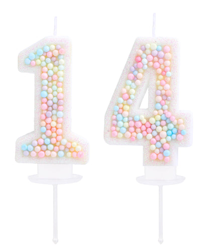 EAKE 14th Birthday Candle Macaron Glitter 3D Pastel Number 14 Candles for Birthday Cakes Girl Women Sweet Theme Birthday Wedding Anniversary Party Cake Decoration