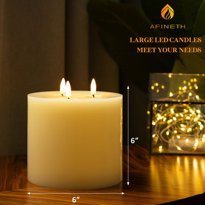 AFINETH Extra Large Flameless Candles, 6"x6" Real Wax Battery Operated Candles with Remote and Timer, Flickering LED Pillar Candles with 3 Wicks for Home, Wedding, Party, Holiday, Ivory