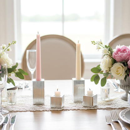 LETINE 12pcs Silver Vertical Stripe Glass Candlestick Holders - Chic Taper Candle Sticks Holder Set for Elegant Dining & Home Decor - Ideal for Valentine's Day, Halloween, Thanksgiving