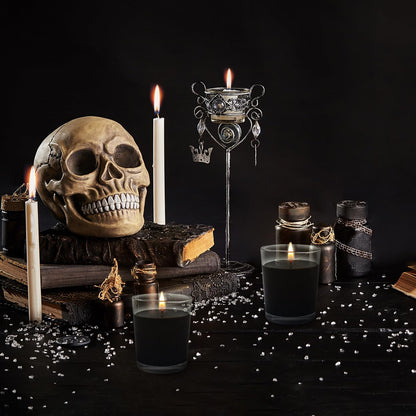 Set of 4 Black Votive Candles for Halloween Pumpkin, Clear Glass Filled Unscented Soy Wax Candle for Dinner, Parties, Home Decorations and DIY