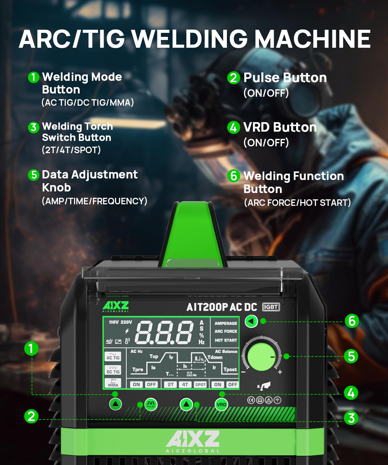 AIXZGLOBAL AIT200P AC/DC TIG Welder, 200A 110V/220V Aluminum Welding Machine with AC/DC TIG, Pulse TIG, Spot TIG, HF Start & Stick Welding, Foot Pedal Compatible, IGBT Inverter, Large HD Display