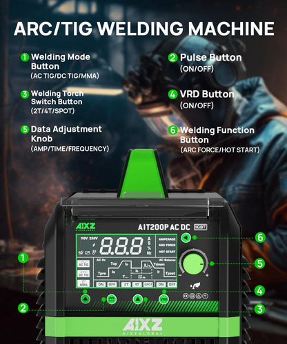 AIXZGLOBAL AIT200P AC/DC TIG Welder, 200A 110V/220V Aluminum Welding Machine with AC/DC TIG, Pulse TIG, Spot TIG, HF Start & Stick Welding, Foot Pedal Compatible, IGBT Inverter, Large HD Display