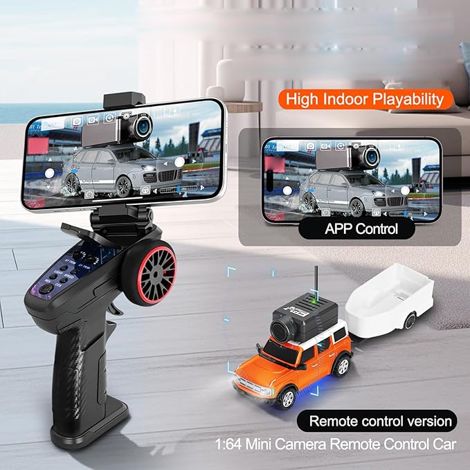 GoolRC WLtoys 6405-C Mini RC Car 2.4GHz 1:64 Scale FPV Remote Control Car with Camera 720P and Gyro APP Control Vehicle with 2 Trailers and LED Lights for Adults (Blue)