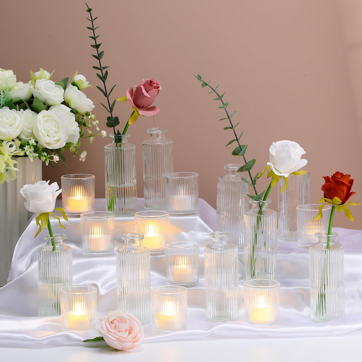 Yerliker 12 Glass Bud Vases Set Bulk Clear Ribbed Vases and 12 Clear Glass Tea Light Candle Holders Suitable for Table Centerpieces, Parties, Home Decor, Wedding Table Centerpiece, Home Decor