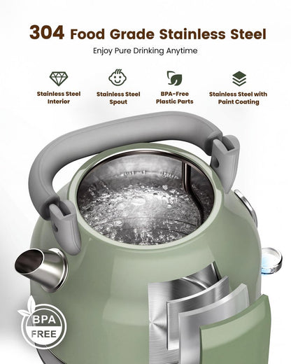 Amaste Electric Kettle, Retro Electric Tea Kettle with Thermometer, 57 Oz Hot Water Kettle for Coffee & Tea, 304 Stainless Steel, 1500W Fast Boiling, Auto Shut-Off & Boil Dry Protection, Matcha Green