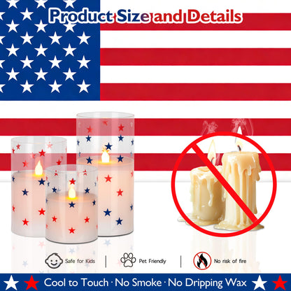 4th of July Candles, Glass Flameless Pillar Candles with Remote and Timer, Red White Blue Star Patriotic LED Candles, 250th Anniversary Battery Operated Independence Day Indoor Decor Set of 3