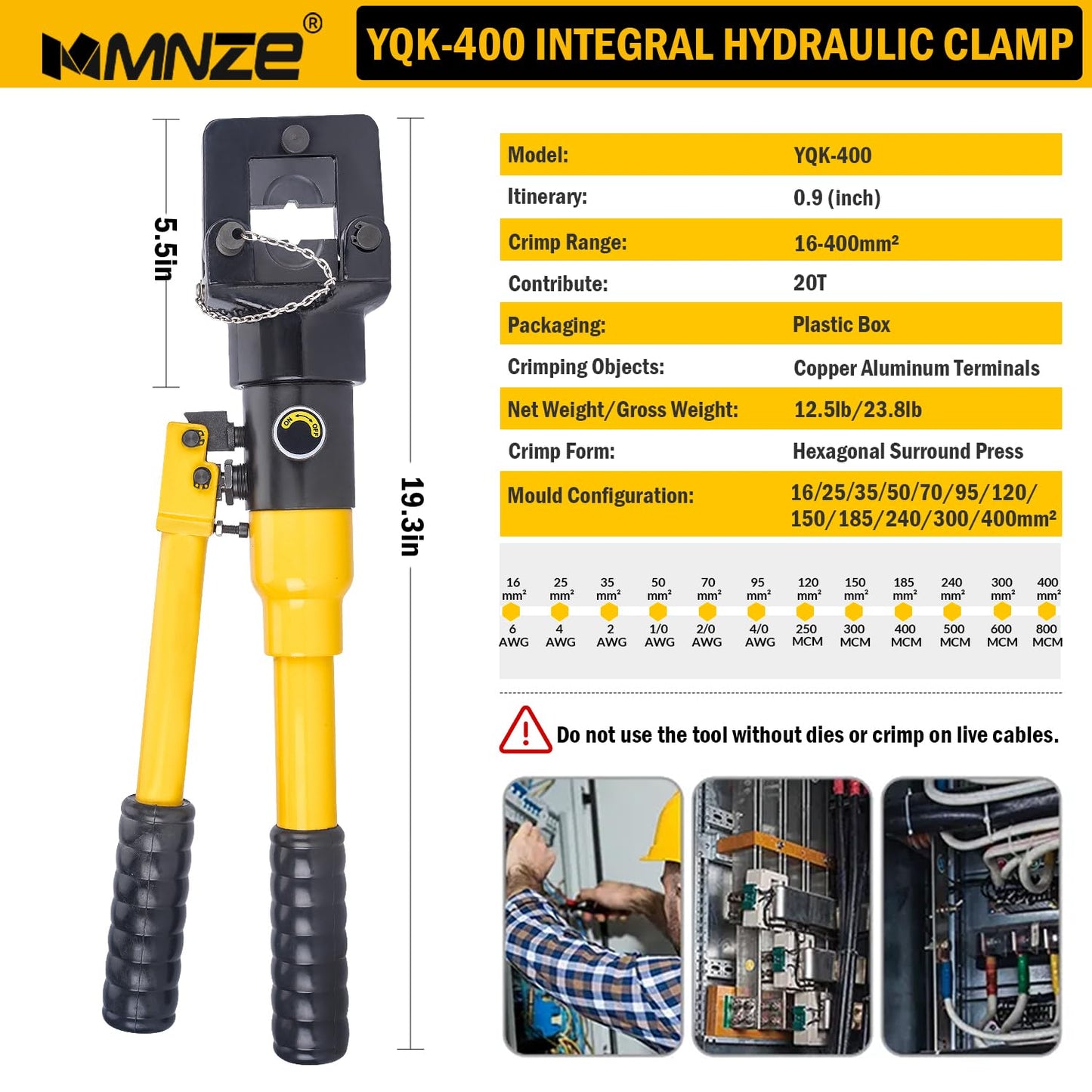 MMNZE 16 Ton Hydraulic Cable Lug Crimper Pliers 6 AWG to 800 MCM Hand Operated Hydraulic Crimping Tool Kit Wire Terminal Lug Battery Crimping Crimper with 12 Dies