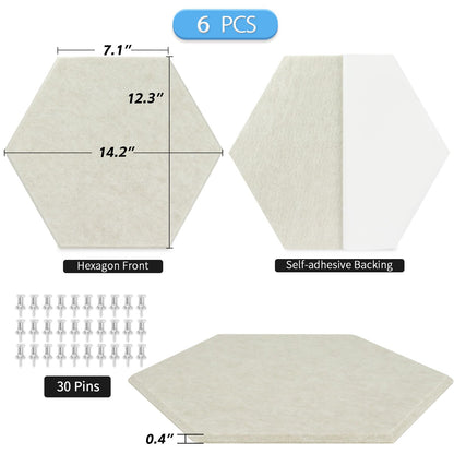 BXI Large Hexagon Felt Bulletin Board - 14.2 X 12.3 X 0.4 Inches 6 Pcs Self-Adhesive Poster Cork Board 30 Push Pins, Pin Tiles Display Vision Board, Photo Picture Panels for Home Office Classroom