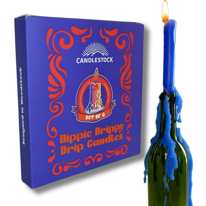 Candlestock Hippie Drippy Drip Candles - Pack of 6 Dripping Tapers - Wine Bottle Melting Candles (Blue)