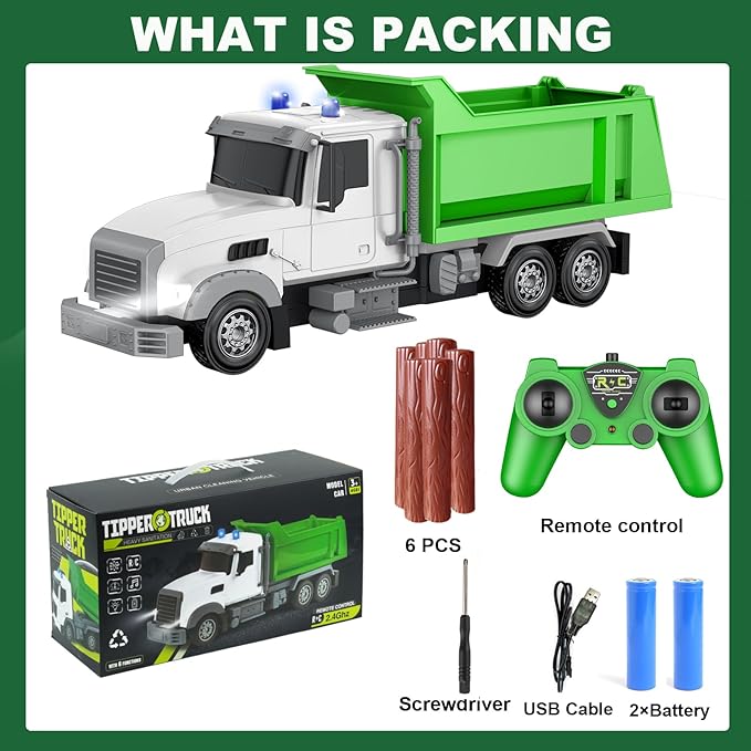 Remote Control Construction Dump Truck Toy RC Vehicle6 Channel Truck Toys with 6 pcs Wood2 Rechargeable Batteries1/24 Scale Dump TrucksBirthday Gifts Ideas for Boys Age 3-8 Year Old