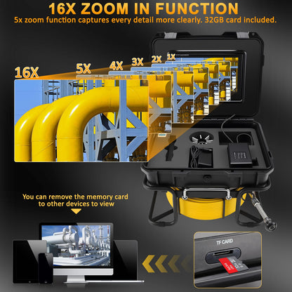 Sewer Inspection Camera, Pipe Drain Camera w/Distance Counter, Plumbing Snake Camera with light, 9'' HD IPS Screen,16X Digital Zoom,32GB Card,165FT/50M,IP68 Waterproof Borescope for Industrial Plumber