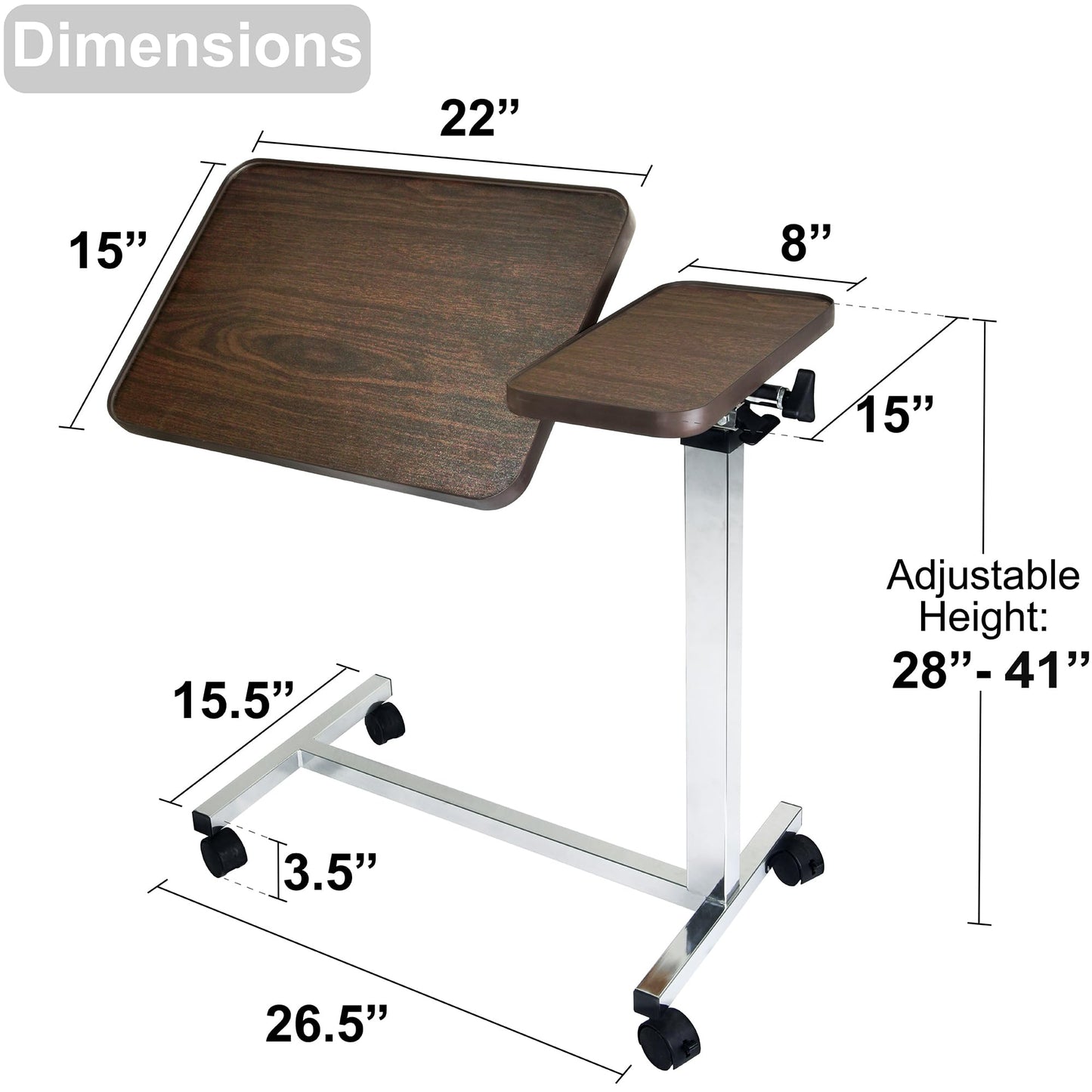 Vaunn Medical Pneumatic Adjustable Tilt Overbed Bedside Table with Wheels for Hospital and Home Use