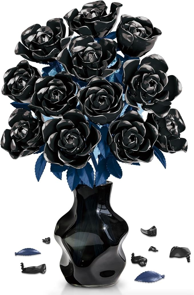 Rose Rotating Everlasting Flower Building Set Compatible Artificial Bouquet Elegant Home/Office Decor Accent for Tabletop Display Long-Lasting Home Decoration (Black)