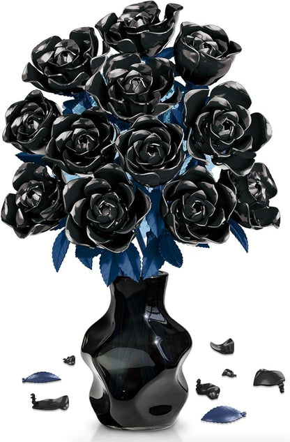 Rose Rotating Everlasting Flower Building Set Compatible Artificial Bouquet Elegant Home/Office Decor Accent for Tabletop Display Long-Lasting Home Decoration (Black)