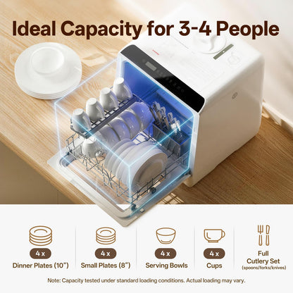 NOVETE Portable Countertop Dishwashers, Compact Dishwashers with 5L Built-in Water Tank & Inlet Hose, 5 Washing Programs, Baby Care, Air-Dry Function and LED Light for Small Apartments