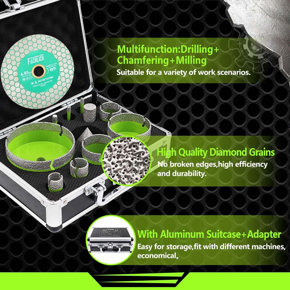 FACHLICH Tile Hole Saw Kit Diamond - (6/6/8/20/25/35/50/65/100mm Drill Bits+Finger Bit+Chamfer Bit+Adapter+Tile Blade) Diamond Hole Saw Kit for Porcelain Ceramic Marble Brick Granite,5/8"-11 Thread