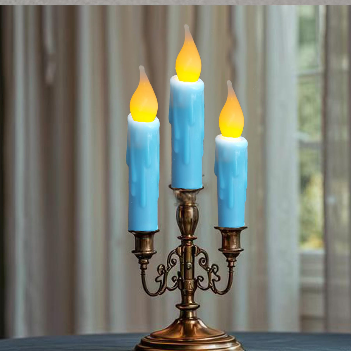LINCOUNTRY.Primitive Wax Short Taper Candles Battery Operated with Timer Flameless Taper Candles Flickering Flame Small Led Blue Candlesticks for Christmas Halloween Home Decor