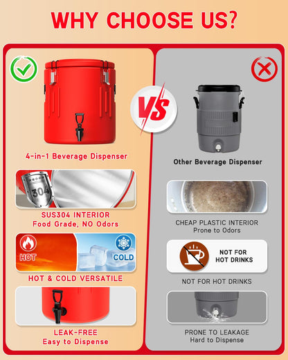 Insulated Beverage Dispenser 5 Gallon, Hot Drink Dispenser with 304 Stainless Steel Interior & Spout, Hot Water Dispenser for Parties, Portable Outdoors Water Jug for Camping Sports,N5