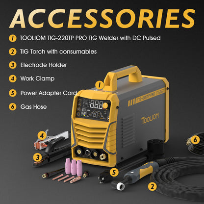 TOOLIOM 220A Cold TIG Welder with DC Pulse, 7 In 1 Cold Spot Lift TIG/Stick Welder with IGBT Inverter, 110&220V Welding Machine with Large Digital Display 2T/4T/4T Repeat Mode TIG Welding Equipment