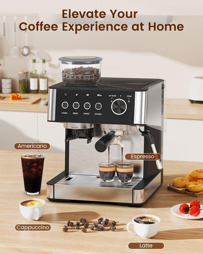 Electactic Espresso Machine with Grinder, 15 Bar Expresso Coffee Machines with Milk Frother Steam Wand, Professional Espresso Maker with Removable Water Tank, Cappuccino & Latte Machine for Home