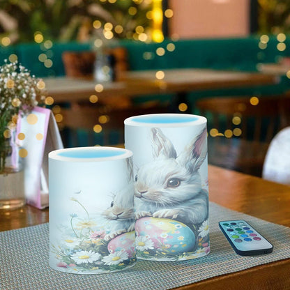 ALAZA Easter Bunny Rabbit Eggs Spring Flowers Flickering Flameless Candles Battery Operated with Remote Timer,Tea Light Candles LED Pillar Votive Candles Set of 2 for Outdoor Indoor Decorations