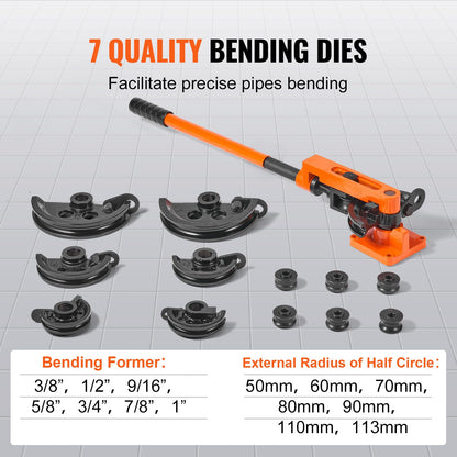 VEVOR Pipe Tube Bender, 3/8" to 1" OD Manual Pipe Tube Bender with 7 Bending Dies, 180° Copper Aluminum Pipes Bending Tools for HVAC Air Conditioning Refrigerator Auto Repair