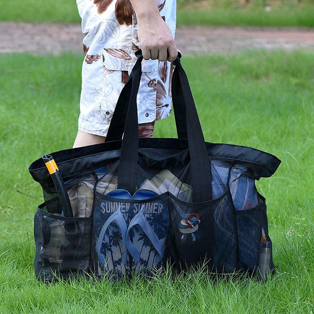GOTDYA Extra Large Beach Bag, XL Mesh Tote with Zipper and Pockets Ideal for Your Family Lake/Cruise/Beach Vacation Essentials-Black
