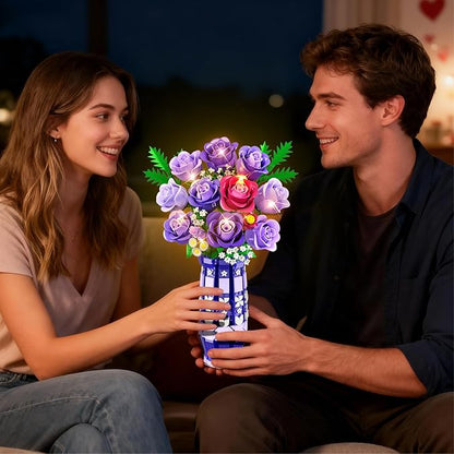 Purple Roses Flowers Building Set with Vase &amp LED Light 17 Mini Flowers Bouquet Building Blocks Toy for Adults Artificial Flowers for Home Office Decor &amp Display Gifts for Women &amp Men