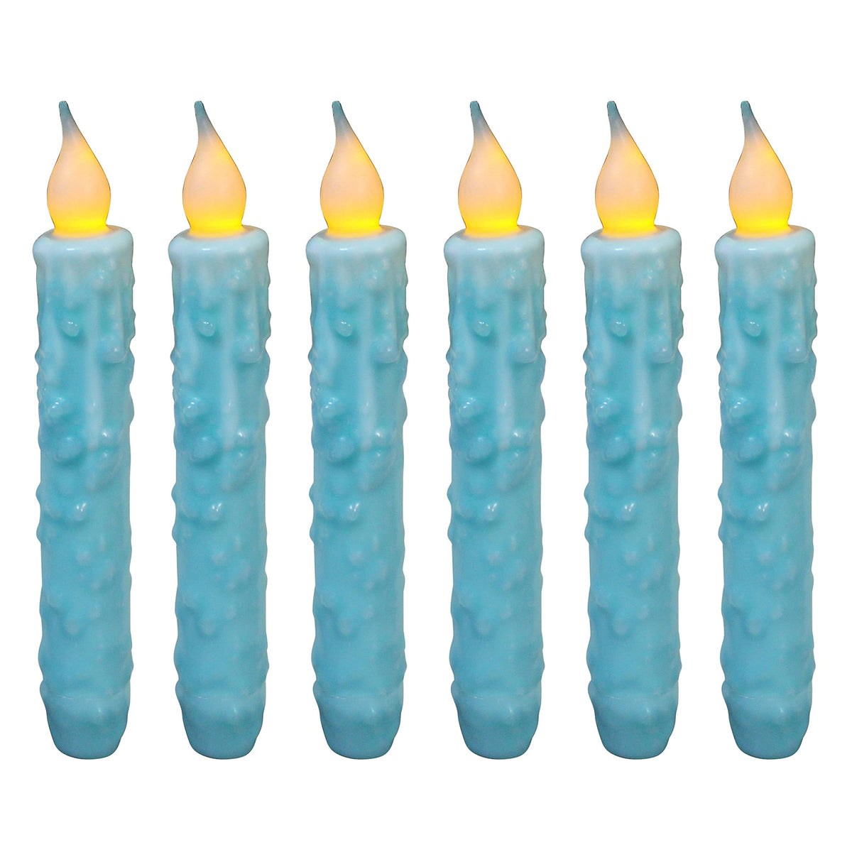 CVHOMEDECO. Real Wax Hand Dipped Battery Operated LED Timer Taper Candles Rustic Primitive Flameless Lights Decor, 6-3/4 Inch, Teal, 6 PCS in a Package