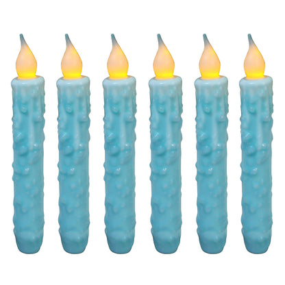 CVHOMEDECO. Real Wax Hand Dipped Battery Operated LED Timer Taper Candles Rustic Primitive Flameless Lights Decor, 6-3/4 Inch, Teal, 6 PCS in a Package