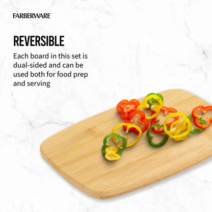 FARBERWARE 4-Piece Reversible Bamboo Cutting Board and Charcuterie Set, Assorted Sizes, Durable Wood Serving Boards for Cheese, Meats, and Prep