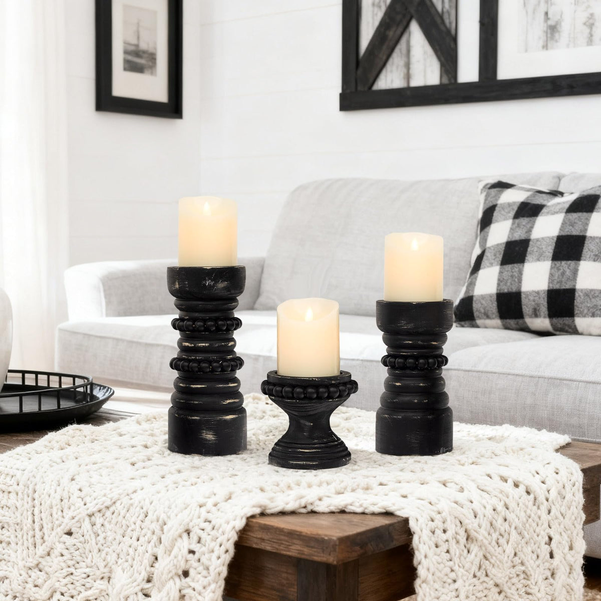 MODE HOME Rustic Black Wood Candle Holders Set of 3, Farmhouse Beaded Wood Pillar Candle Holder, Candle Holders for Pillar Candles & Candlesticks, Candle Sticks Holder Decor for Table Centerpiece