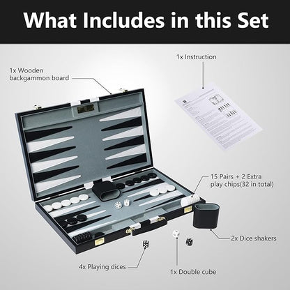 Large Backgammon Sets for Adults 18 inch Black Travel Backgammon Board Game Sets Classic Board Game with Premium Leather Case Portable Travels Strategy Backgammon Game Set for Adults