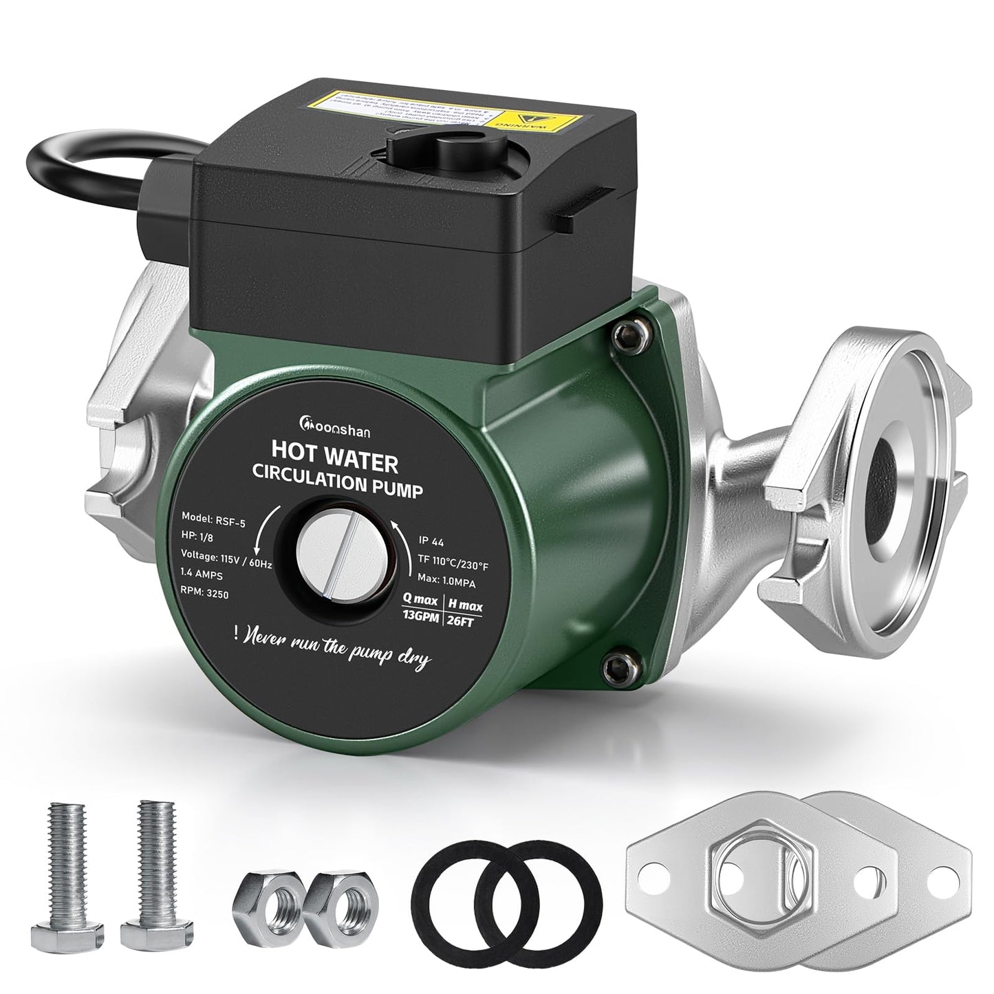 Moonshan 110V Hot Water Recirculating Pump, Stainless Steel Circulator Pump with 1" NPT Flanges, 3 Speed Control for Water Heaters, Boiler and Hydronic Radiant Heating 13GPM, 10FT Cord