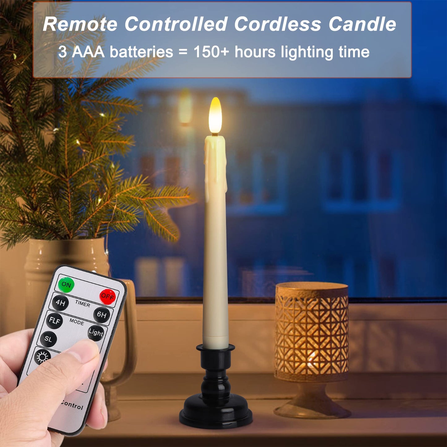 yunsheng Battery Operated LED Window Candles with Remote Timer, 8 Inches Ivory Flameless Taper Flickering Candles, Removable Black Candlesticks and Suction Cups, Holiday, Home Decor, 6 Pack