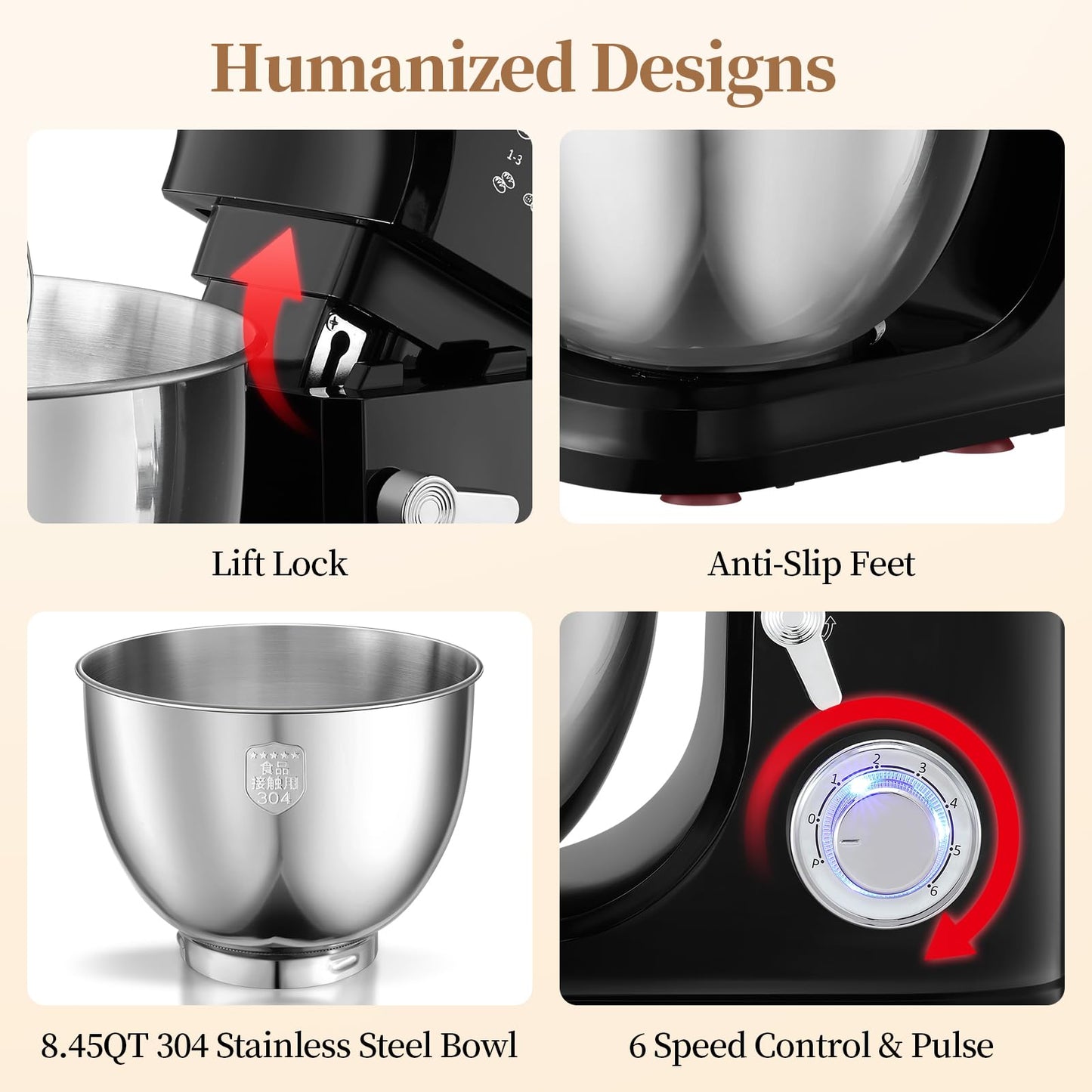 1500W 8.45QT Stand Mixer, 6-Speed Electric Dough Mixer with Whisk, Dough Hook & Beater, Large Capacity Kitchen Mixer for Baking Bread, Cakes, Salad and Cookies (Black)