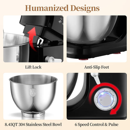 1500W 8.45QT Stand Mixer, 6-Speed Electric Dough Mixer with Whisk, Dough Hook & Beater, Large Capacity Kitchen Mixer for Baking Bread, Cakes, Salad and Cookies (Black)