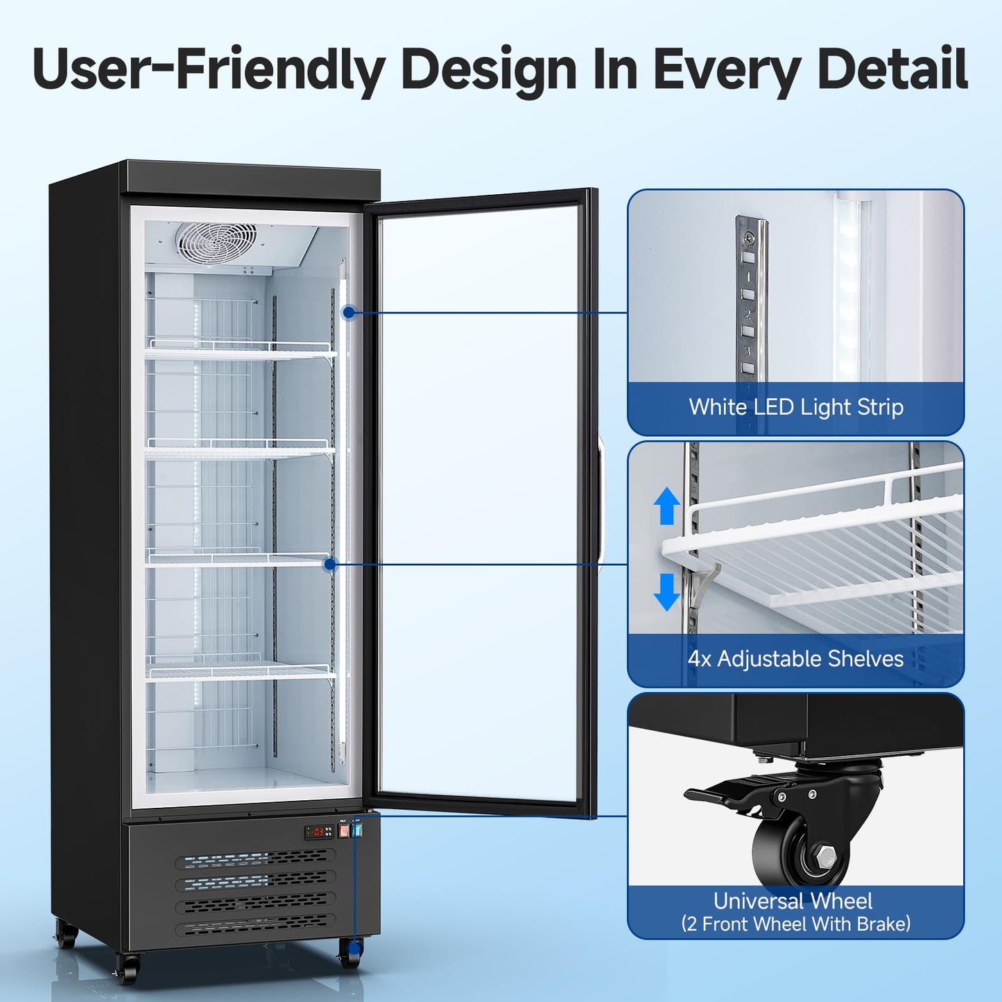 BODEGACOOLER Commercial Freezer Upright, 1 Door Standing Display Freezer With Glass Door, 18 Cu.Ft Large Capacity, -15℉-5℉ Temperature Range, Auto Defrost, For Ice Cream, Frozen Foods