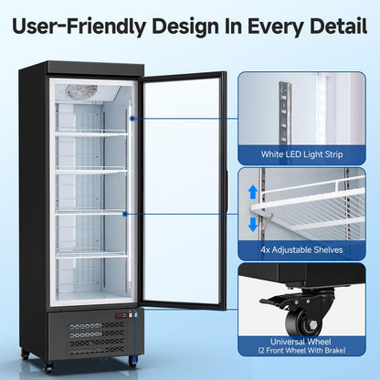 BODEGACOOLER Commercial Freezer Upright, 1 Door Standing Display Freezer With Glass Door, 18 Cu.Ft Large Capacity, -15℉-5℉ Temperature Range, Auto Defrost, For Ice Cream, Frozen Foods