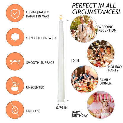 Set of 5 White Taper Candles, Dripless Unscented 10 Inch Tall Skinny Wax Candlesticks for Home Wedding Party Table Decor, 8 Hour Burn Time