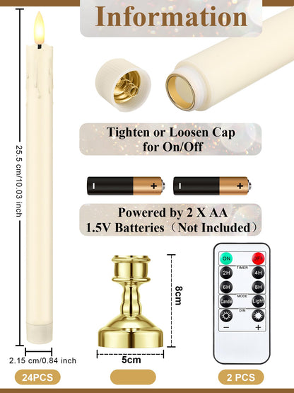 VIHOSE 24 Pcs Flameless Taper Candles with Holders Remote Timer Battery Operated Candles Bulk LED Candlesticks Flickering for Valentines Wedding Home Window Carnival Party Decor(Gold,Dripping Style)
