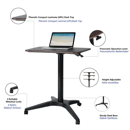 CARTMAY Mobile Standing Desk,Pneumatic Height Adjustable Laptop Desk, Mobile Laptop Desk with Wheels, Height Adjustable from 29.5'' to 47'',Black