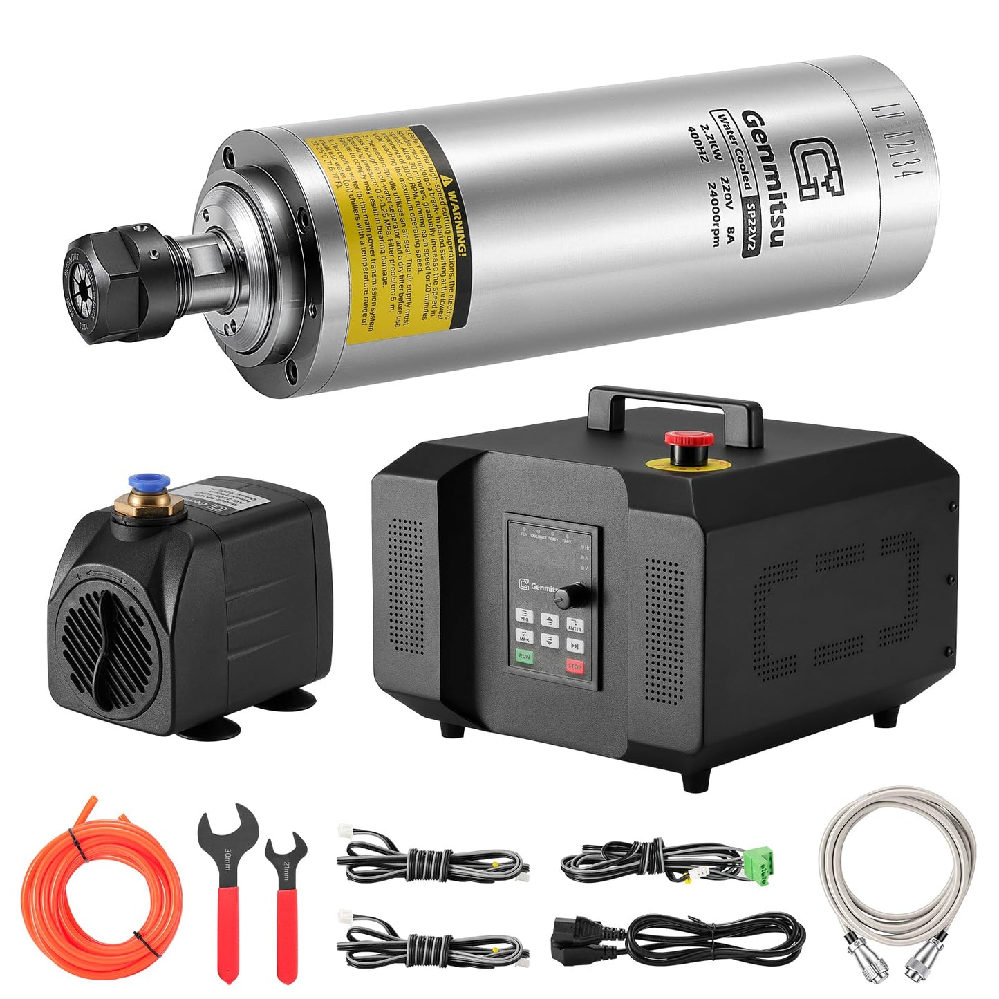 Genmitsu CNC Spindle Motor Kit, 2.2KW, Water Cooled Spindle Motor, 24000 RPM ER11 Collet with Pre-Wired VFD Inverter Box & Pump - 4 Bearing Precision Motor for CNC Router Machine Engraving
