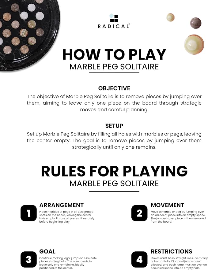Marble Solitaire Game 10 Inch Travertine Handmade Peg Solitaire Board Game with Marbles Classic Marble Puzzle Game for Adults Modern Tabletop Brain Teaser