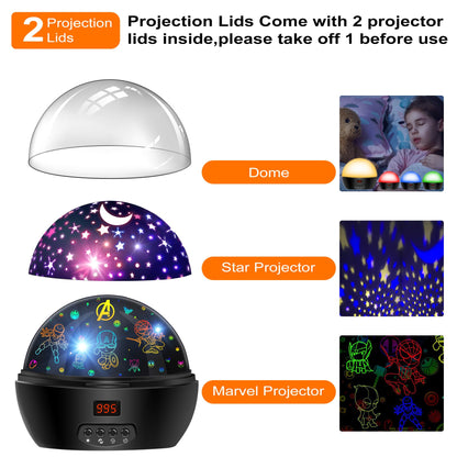 MOKOQI Kid Light Projector Superhero Toys for Boys 5-7 Avengers Night Light Projector with Timer for Kids Room, 360 Degree Rotation Toddler Nightlights with Spiderman Figurine Lamps and Star Projector