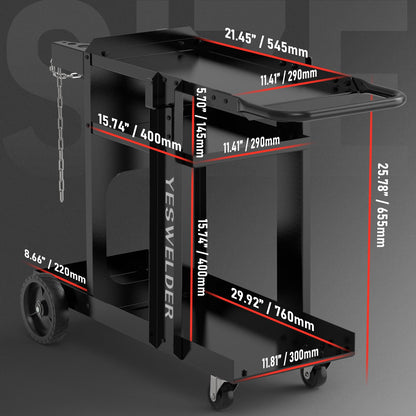 YESWELDER Welding Cart for TIG MIG Welder and Plasma Cutter,Three-Layer Welder Cart,Tank Storage Safety Chains, Heavy Duty Large Storage 360° Rolling Welding Trolley